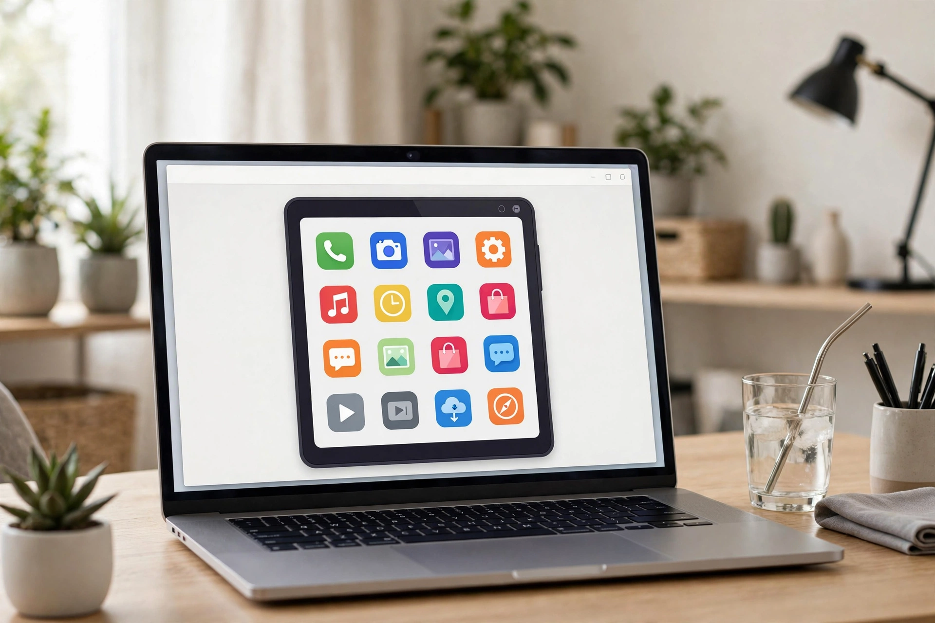 Android emulator with app icons open inside a remote desktop window on a laptop