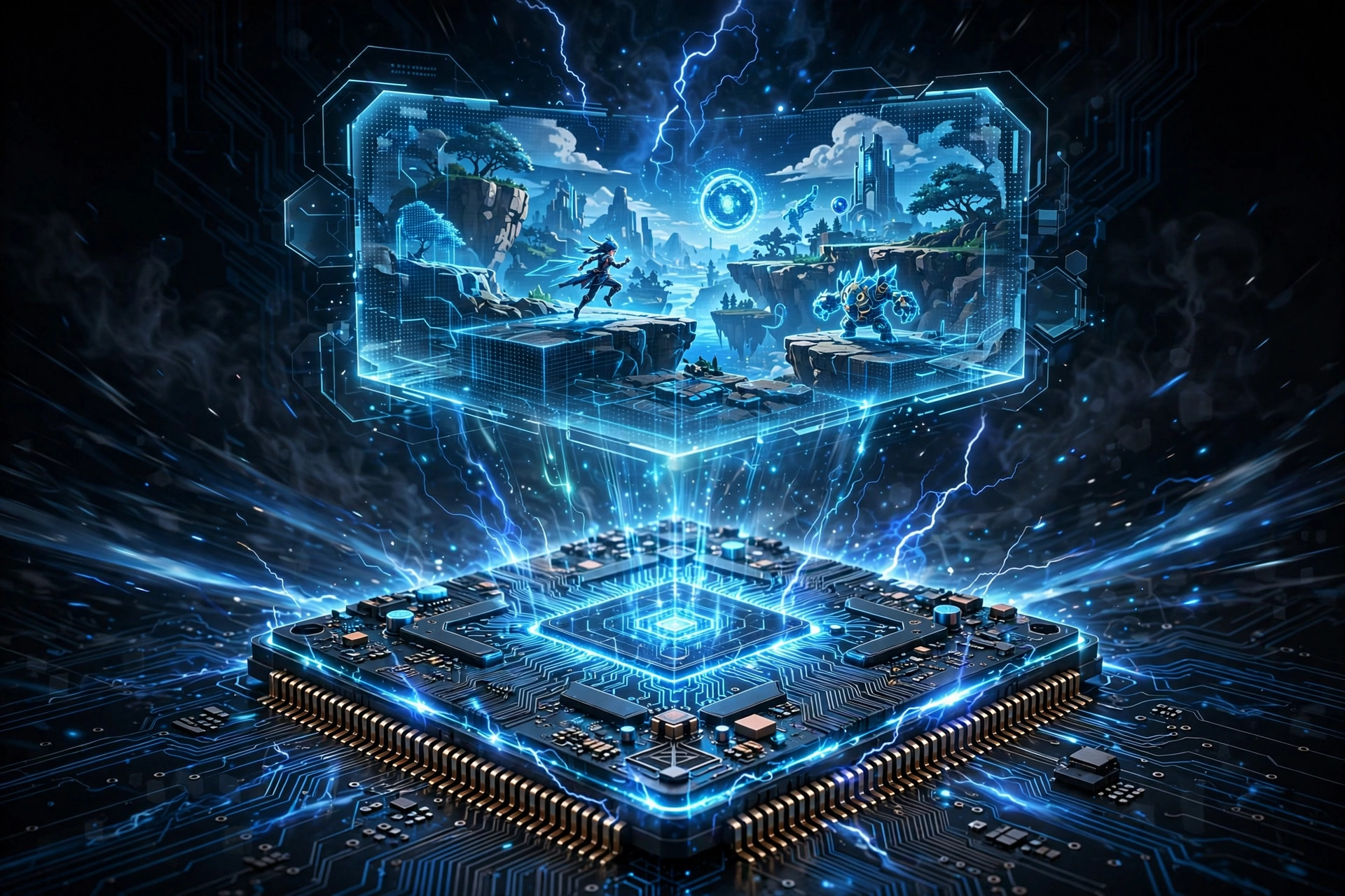 Processor chip rendering a mobile game in holographic style, cloud gaming performance