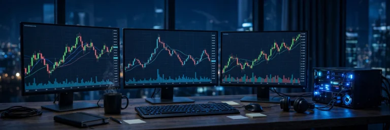 Trader's desk with MT4 forex charts on monitors and a VPS server rack