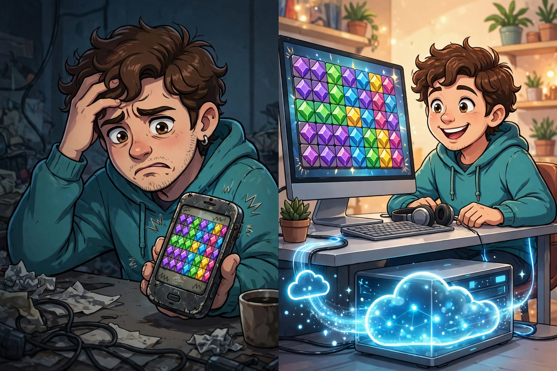 Comparison of playing a mobile game on an old phone versus on a cloud-connected monitor