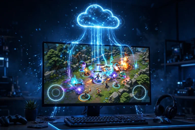 Android emulator running a mobile game on a desktop monitor connected to a cloud server