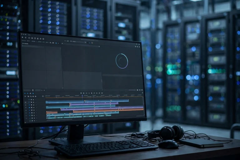 Video editor rendering a project on a monitor with server racks softly blurred behind