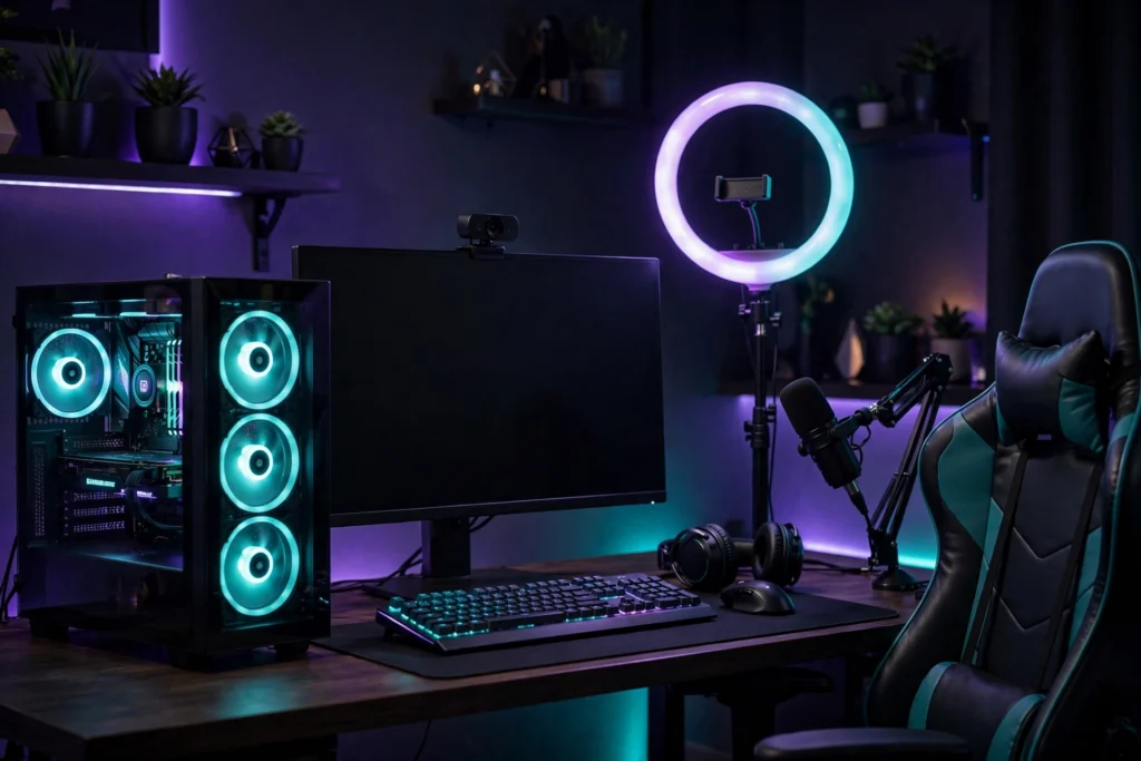 Streamer desk with PC, webcam, ring light, and gaming chair in purple glow
