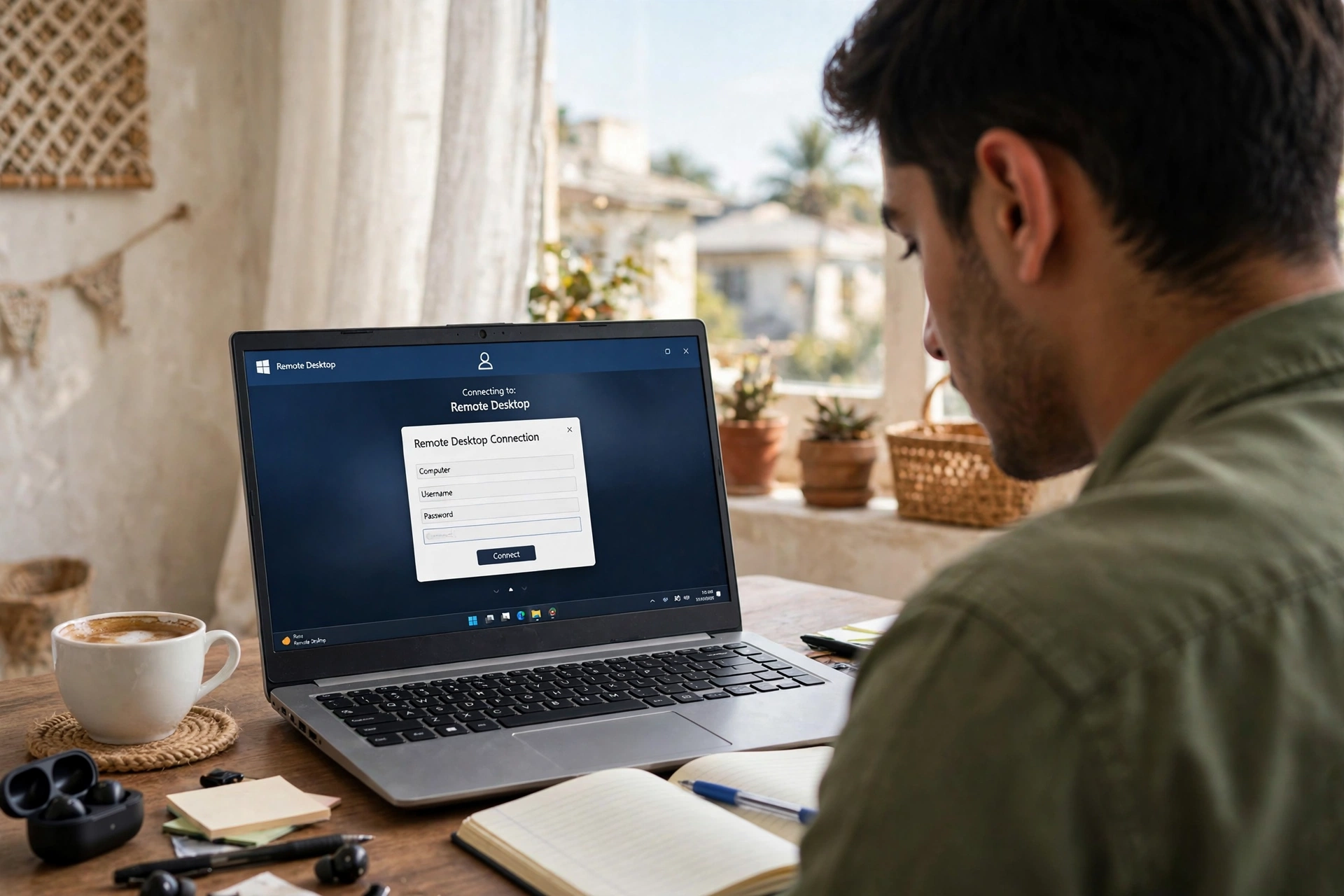 Pakistani freelancer connecting a laptop to a Windows remote desktop for online work