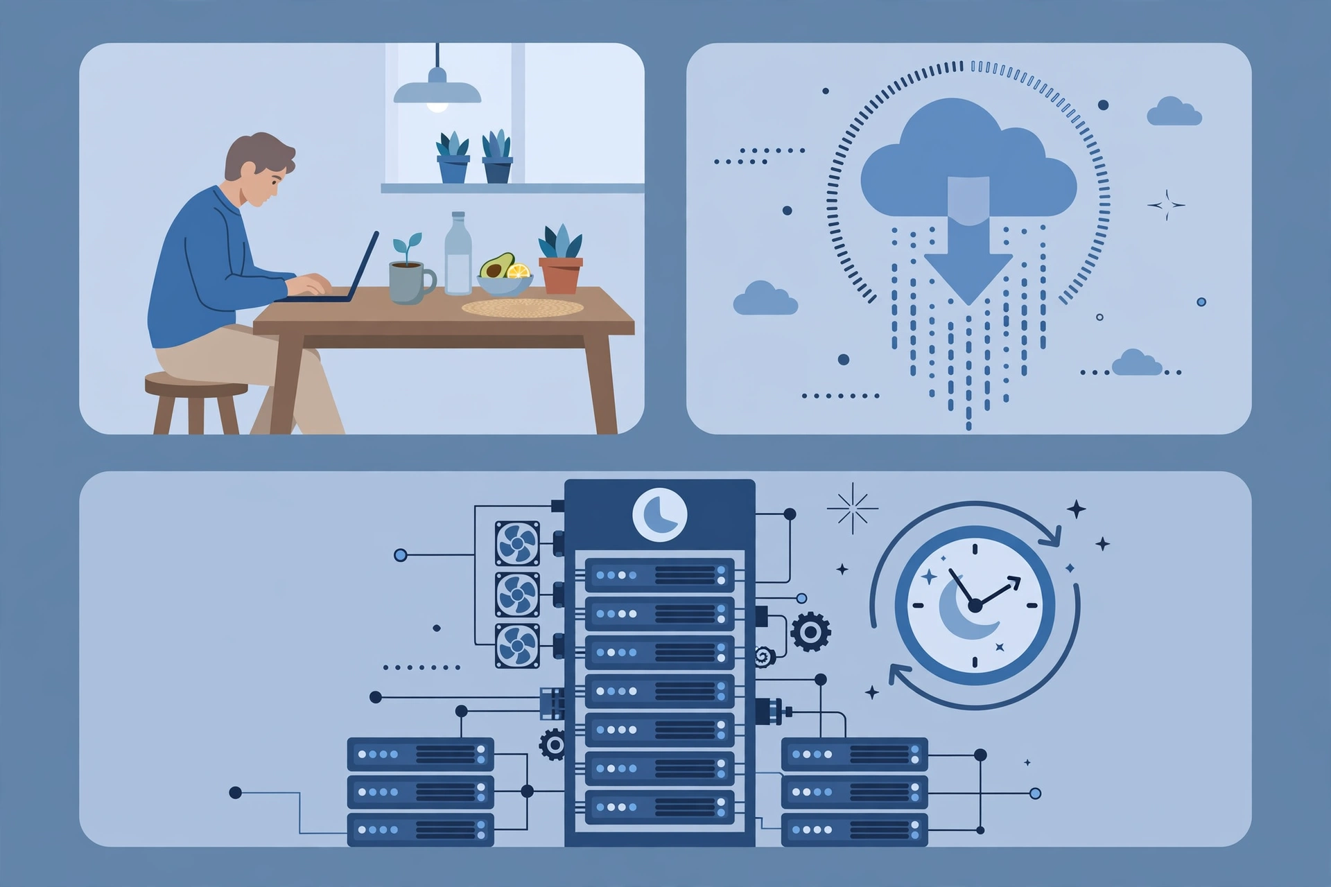 Illustration of common remote desktop uses including remote work, downloads and automation