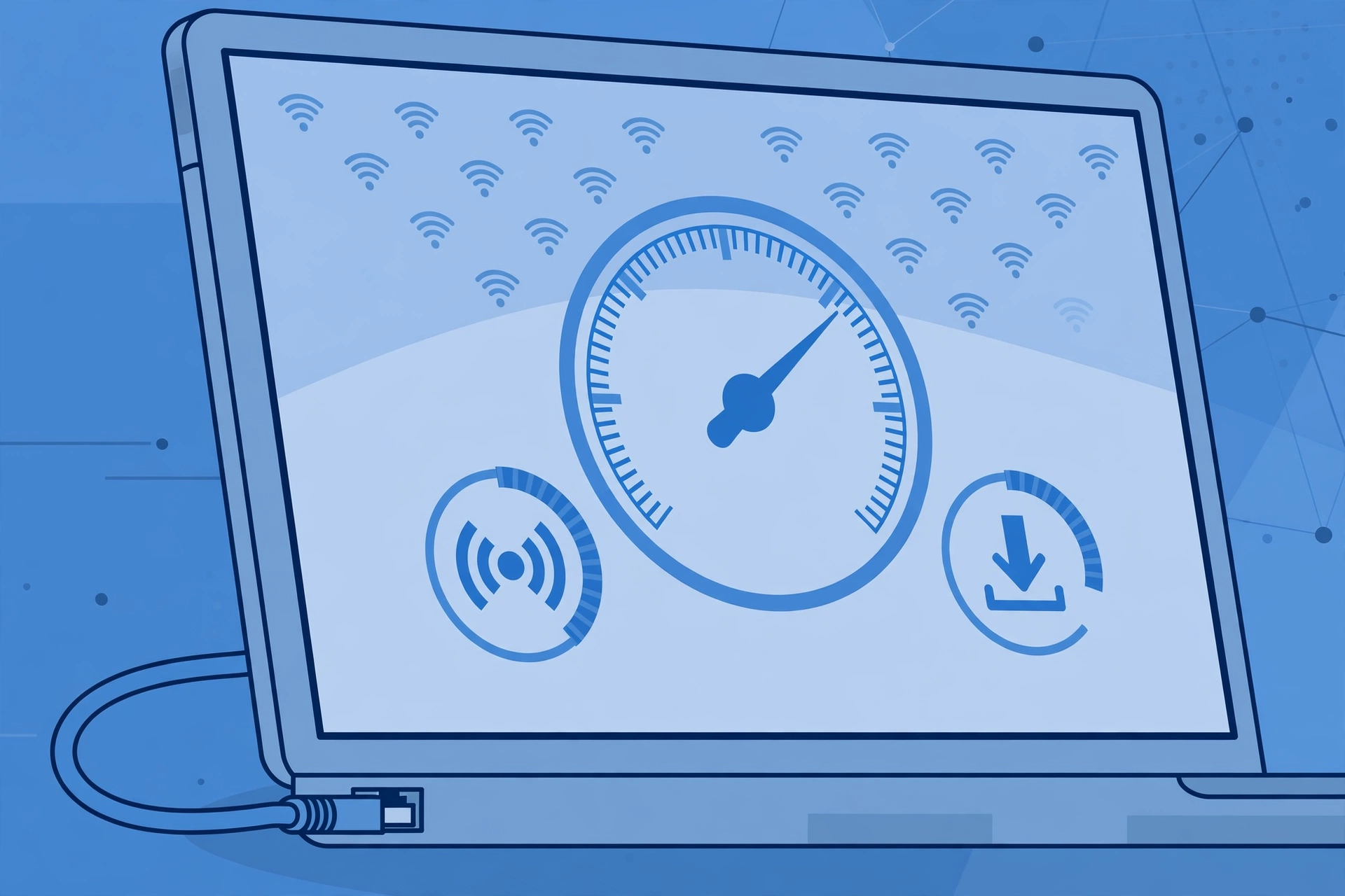 Illustration of a speed test measuring ping and download speed to diagnose RDP lag