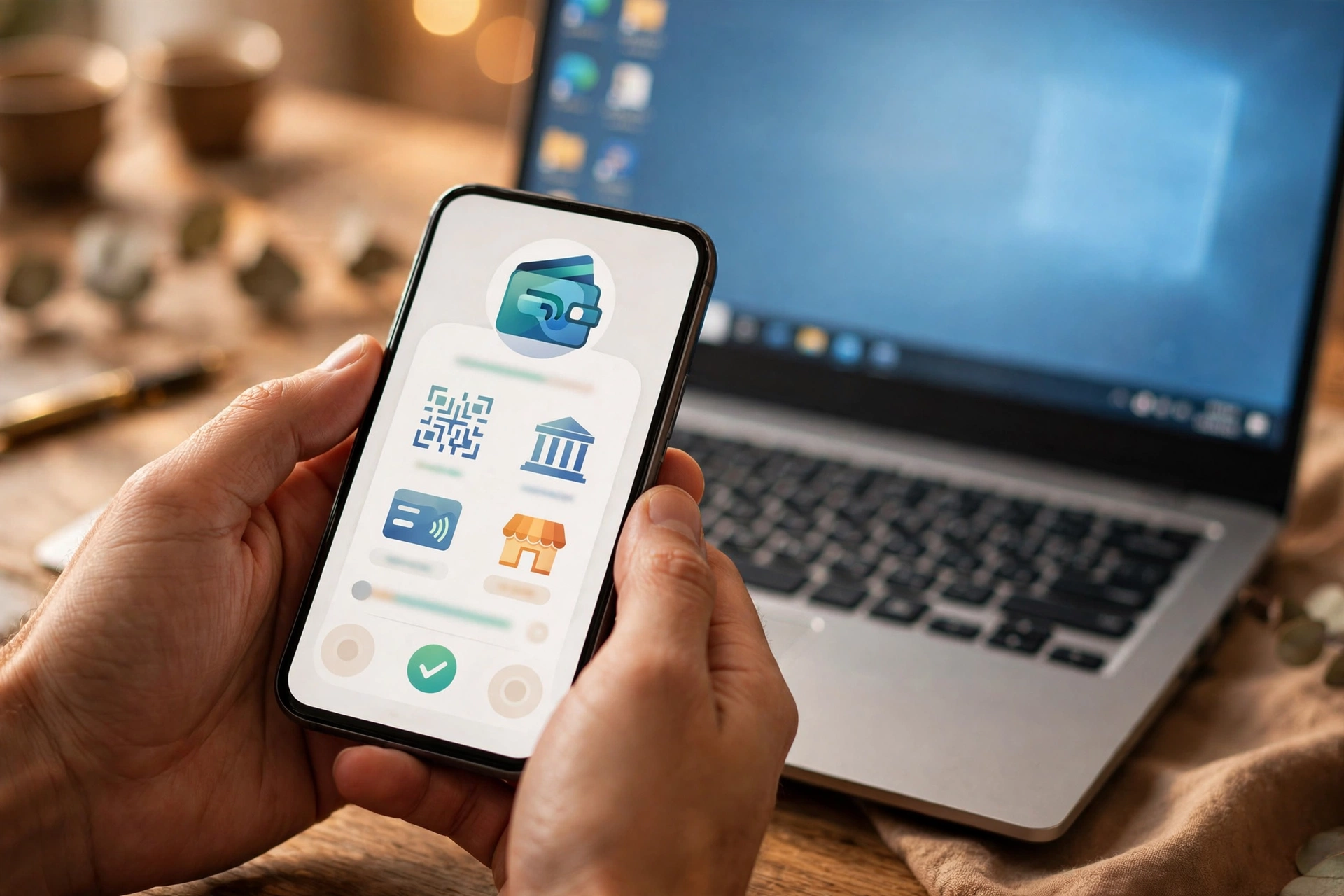 Paying for RDP online work services with a mobile wallet next to a laptop
