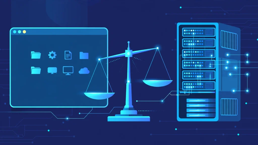 Illustration comparing a remote desktop session with a private server, representing the RDP vs VPS decision