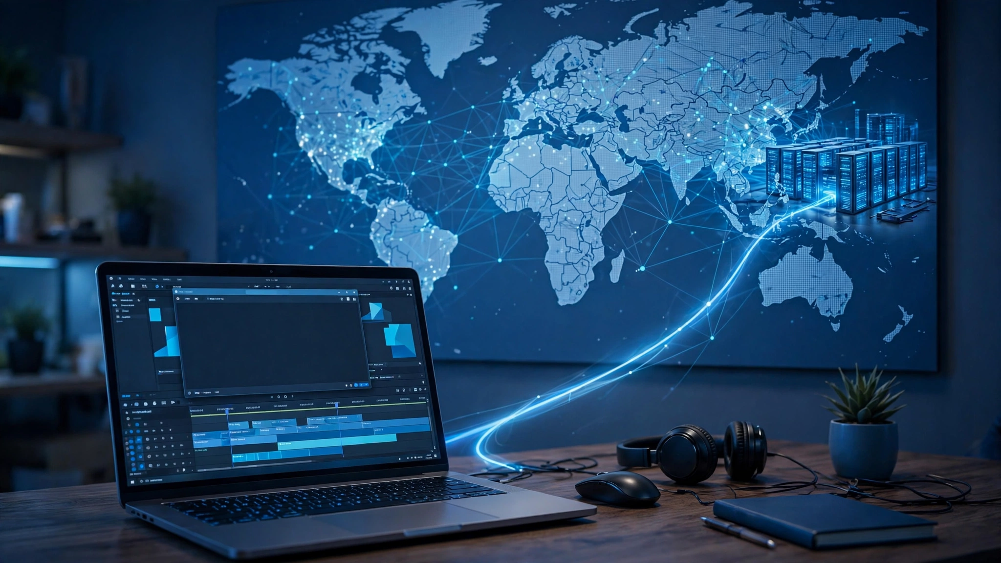 Laptop connected over a remote desktop to a video editing session on a server
