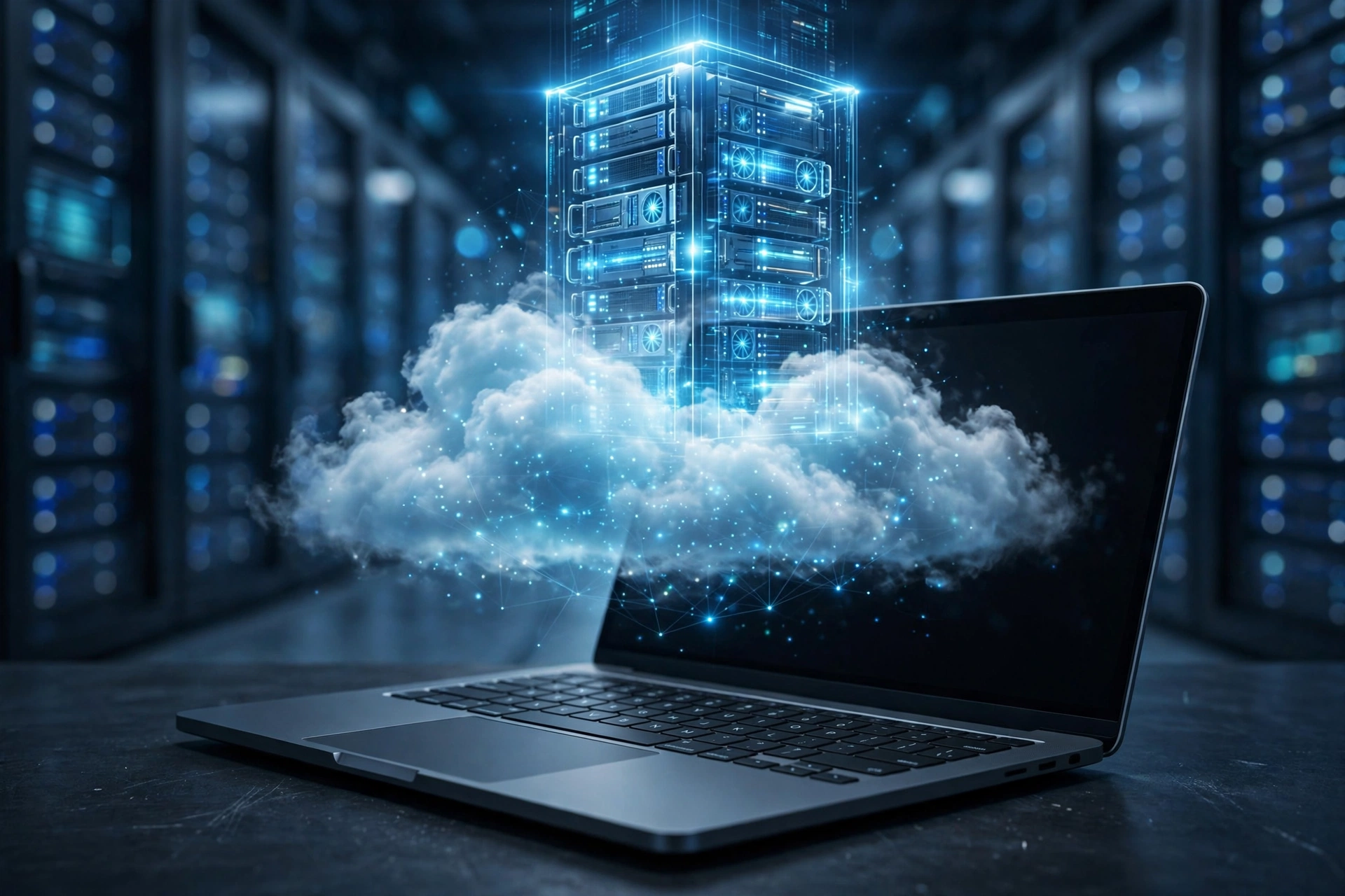 Laptop connected to a cloud server for fast remote work performance