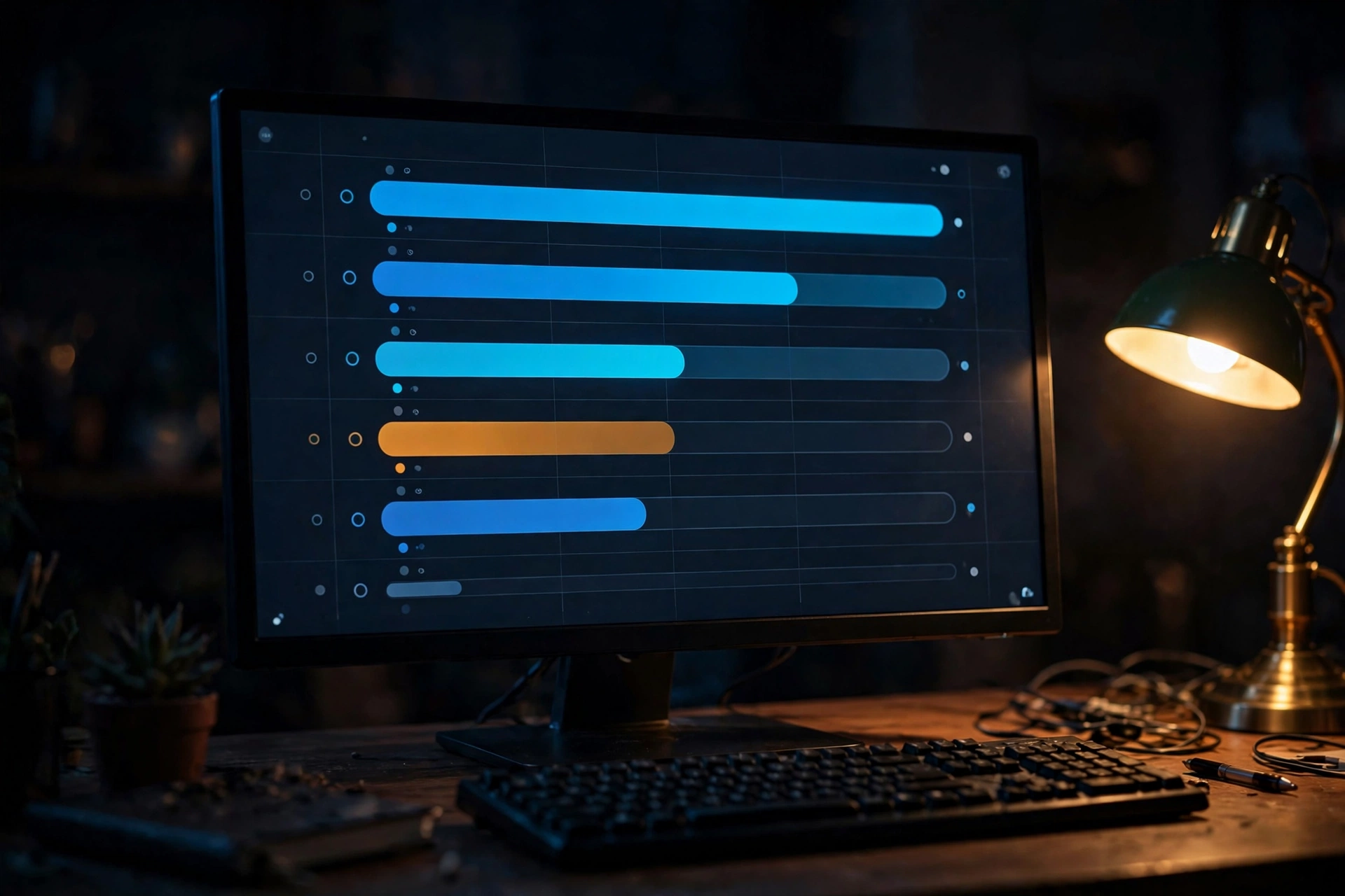 Night desk with a computer screen showing a video render queue and progress bar