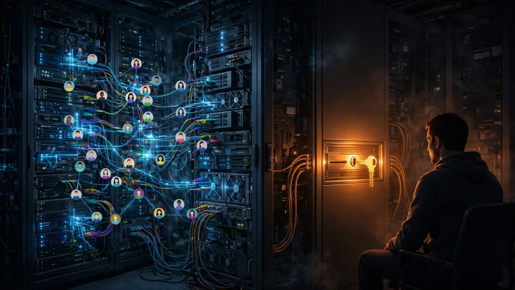 Split illustration showing many users sharing a server versus one private RDP machine