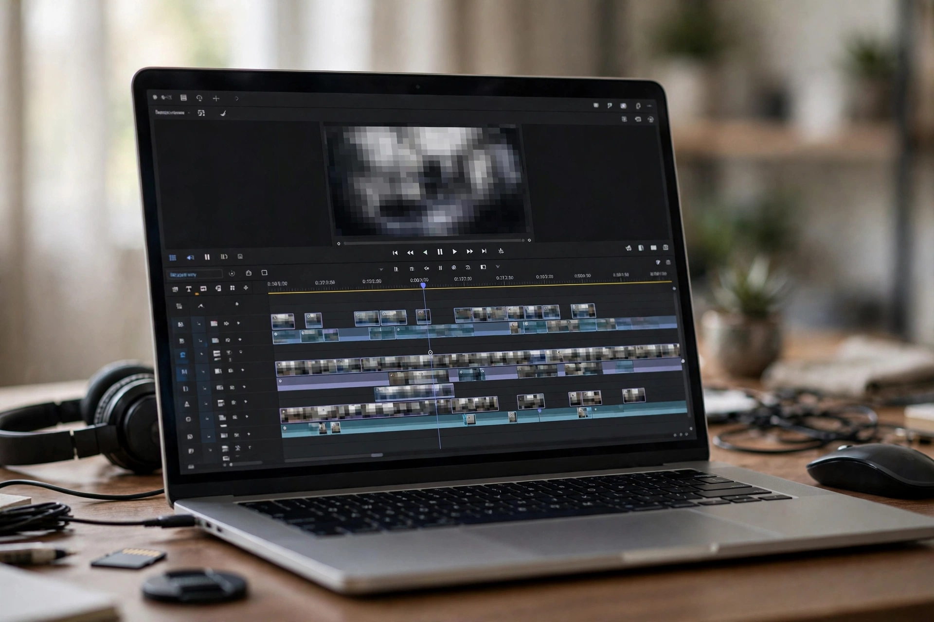 Laptop timeline showing low-resolution proxy clips being edited in video software