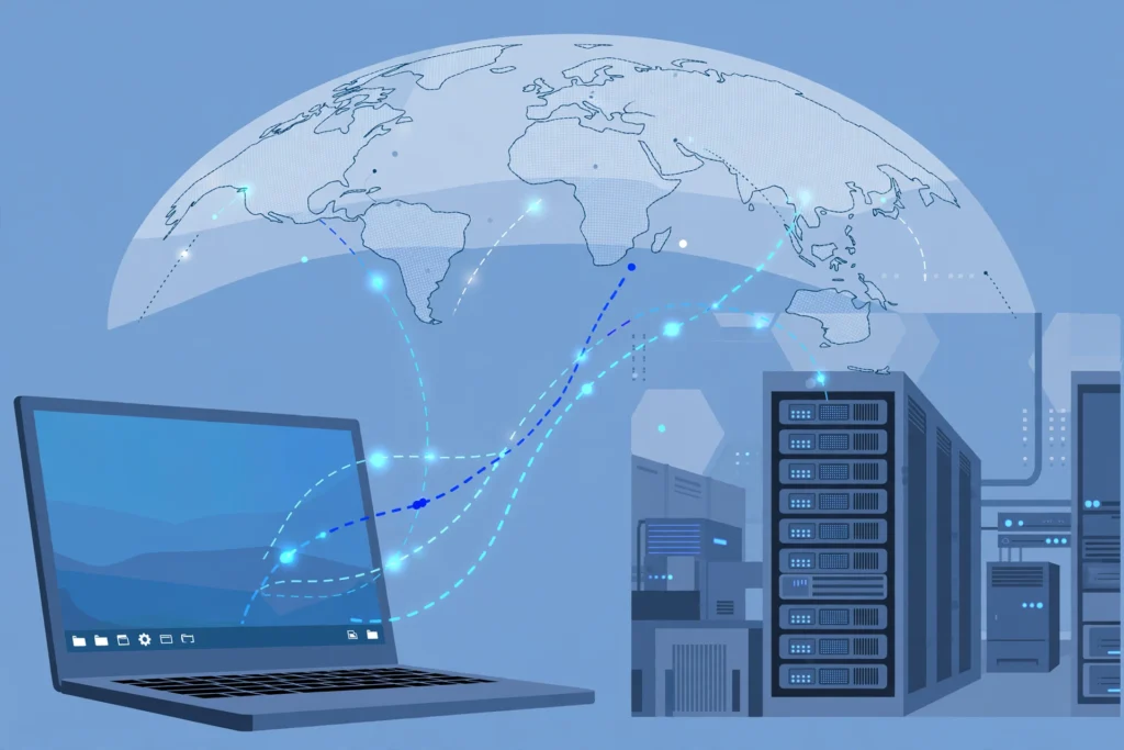 Illustration of a laptop showing a Windows desktop remotely connected to a server rack