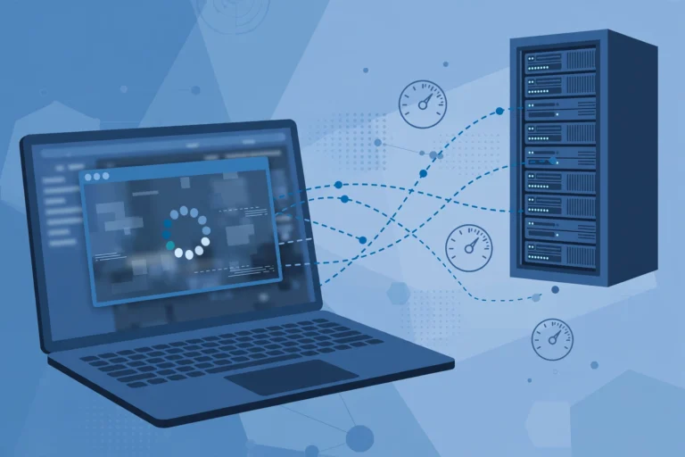Illustration of a lagging remote desktop session with a loading spinner and network connection to a server